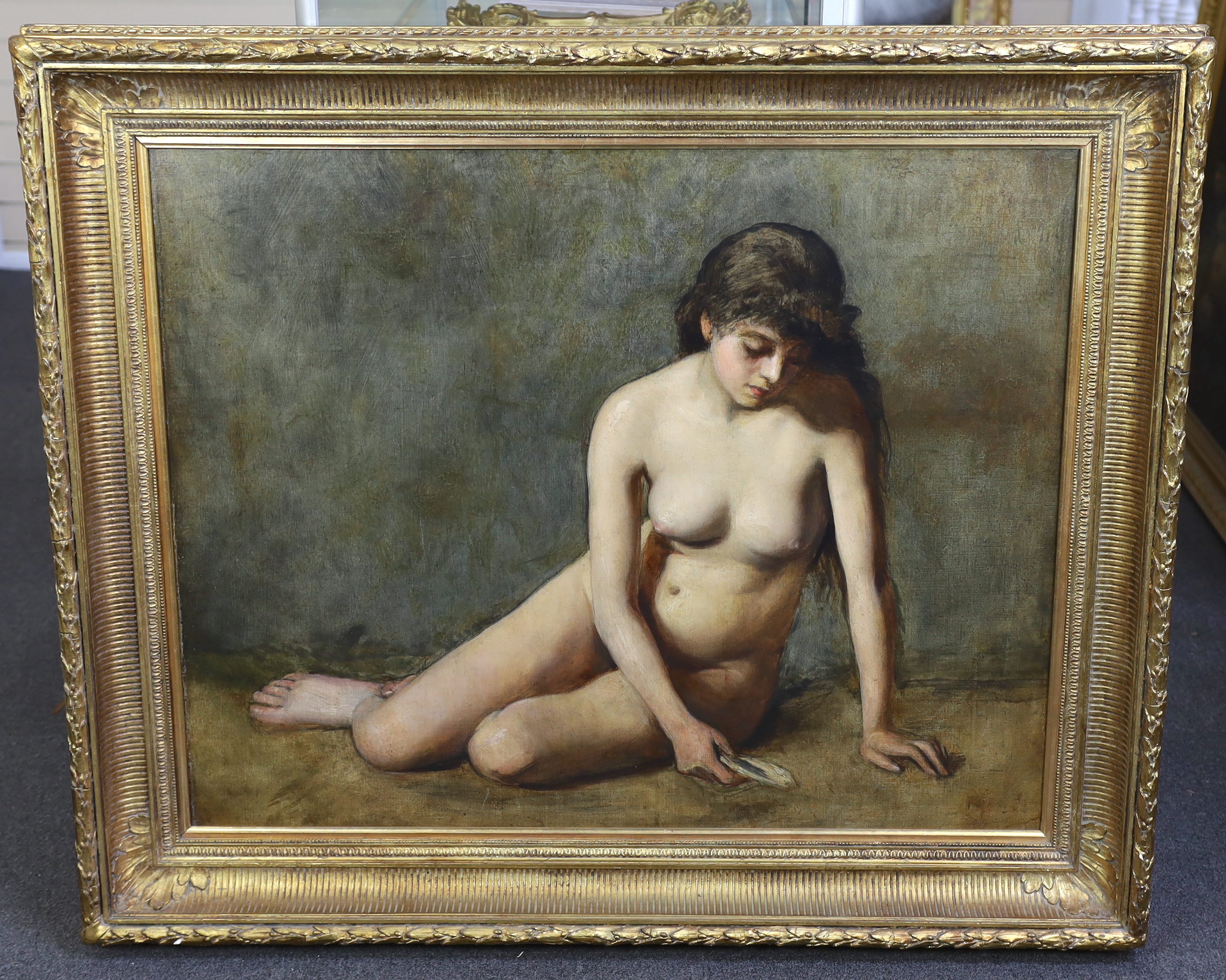 Late 19th Century French School, Seated female nude holding a seashell, oil on canvas, 78 x 98cm